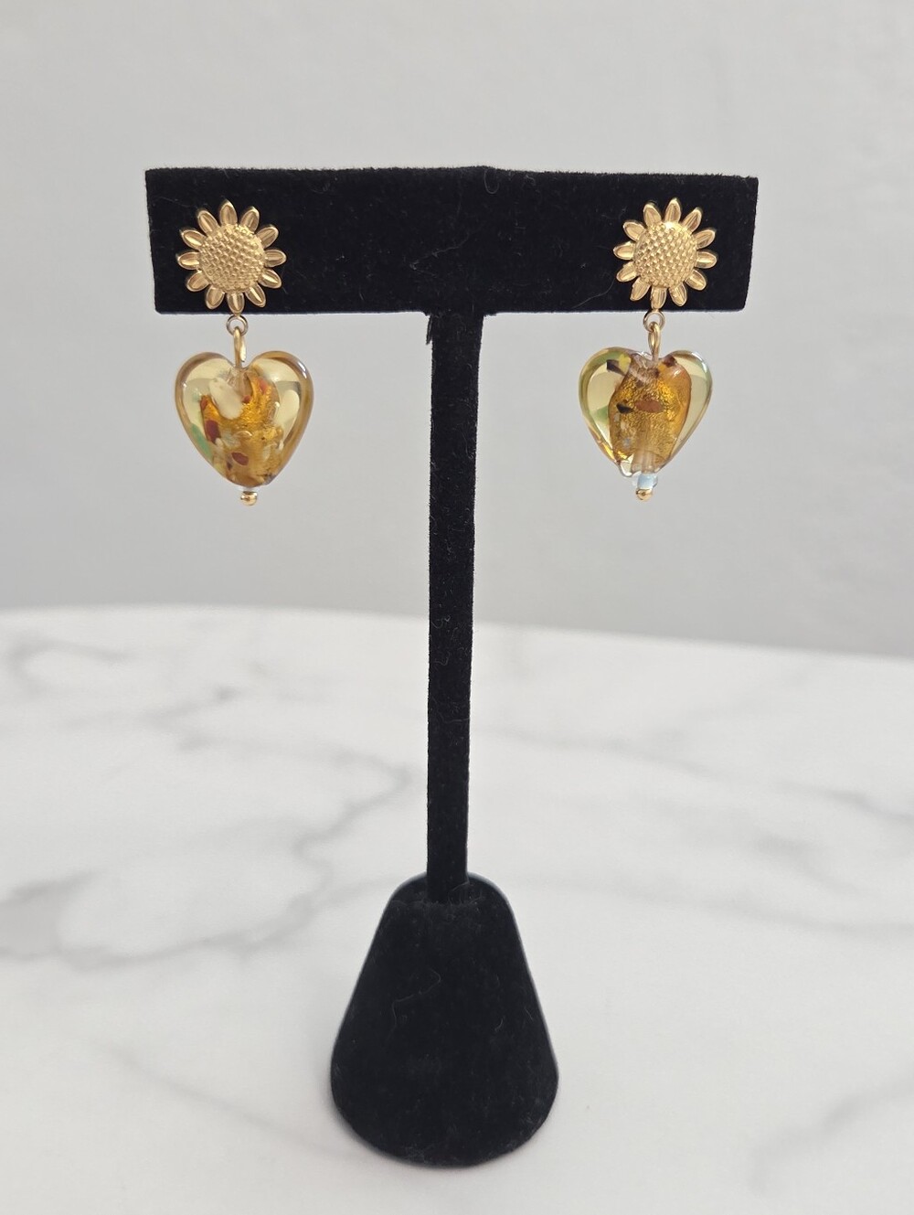 Gold Sunflower Amber Heart Dangle Drop Earrings Stainless Steel Boho Jewelry - Picture 8 of 13
